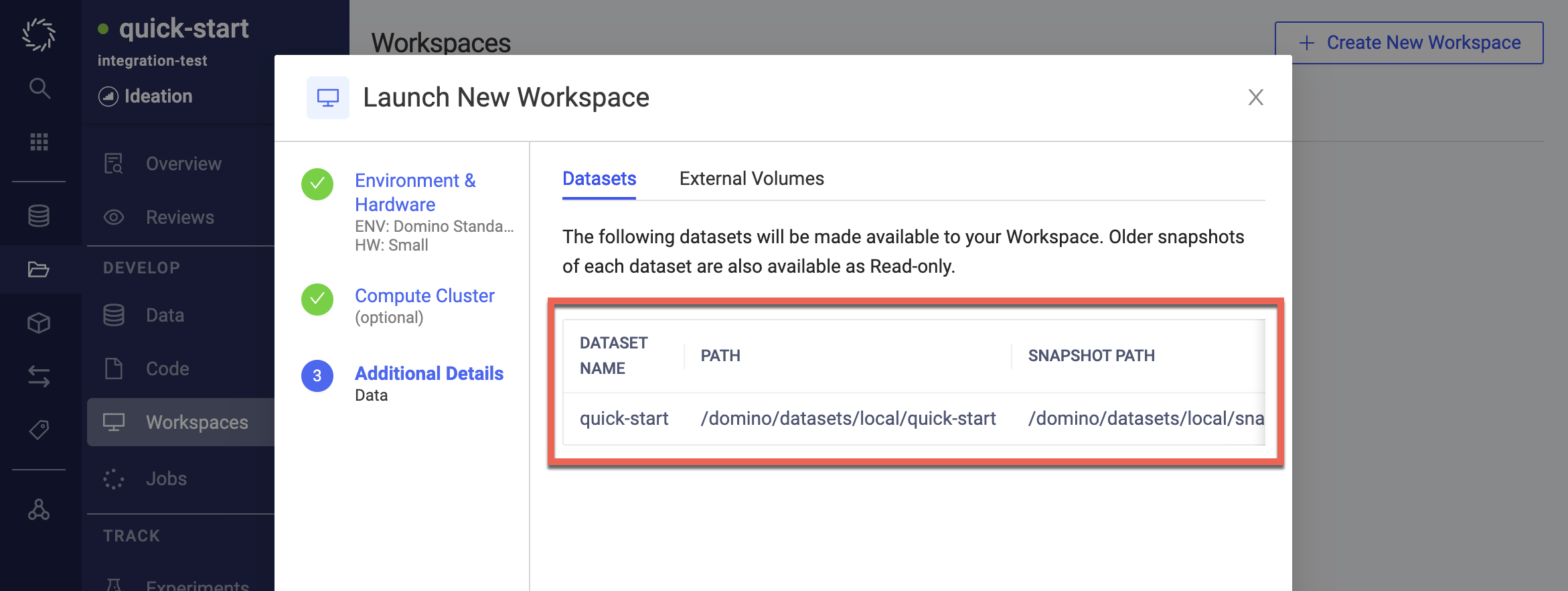 Dataset path in the new workspace dialog