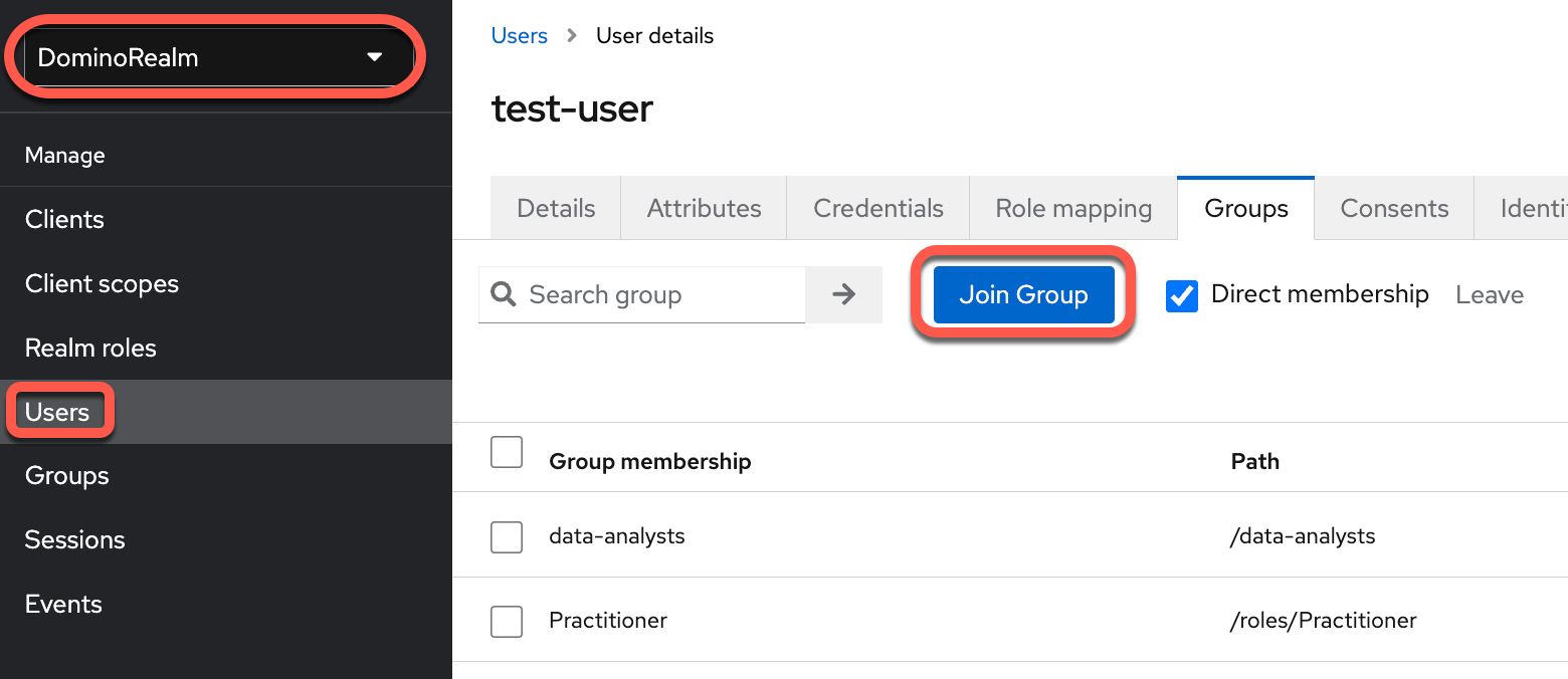 Use Keycloak groups to assign the Data Analyst role